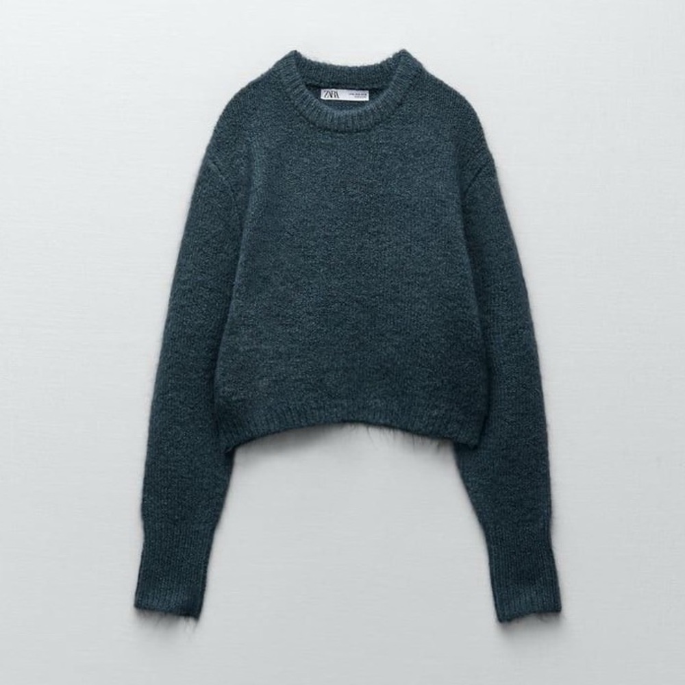 ZARA Blue Cropped Fuzzy Sweater Soft Knit Crew Neck Size S - Picture 2 of 9
